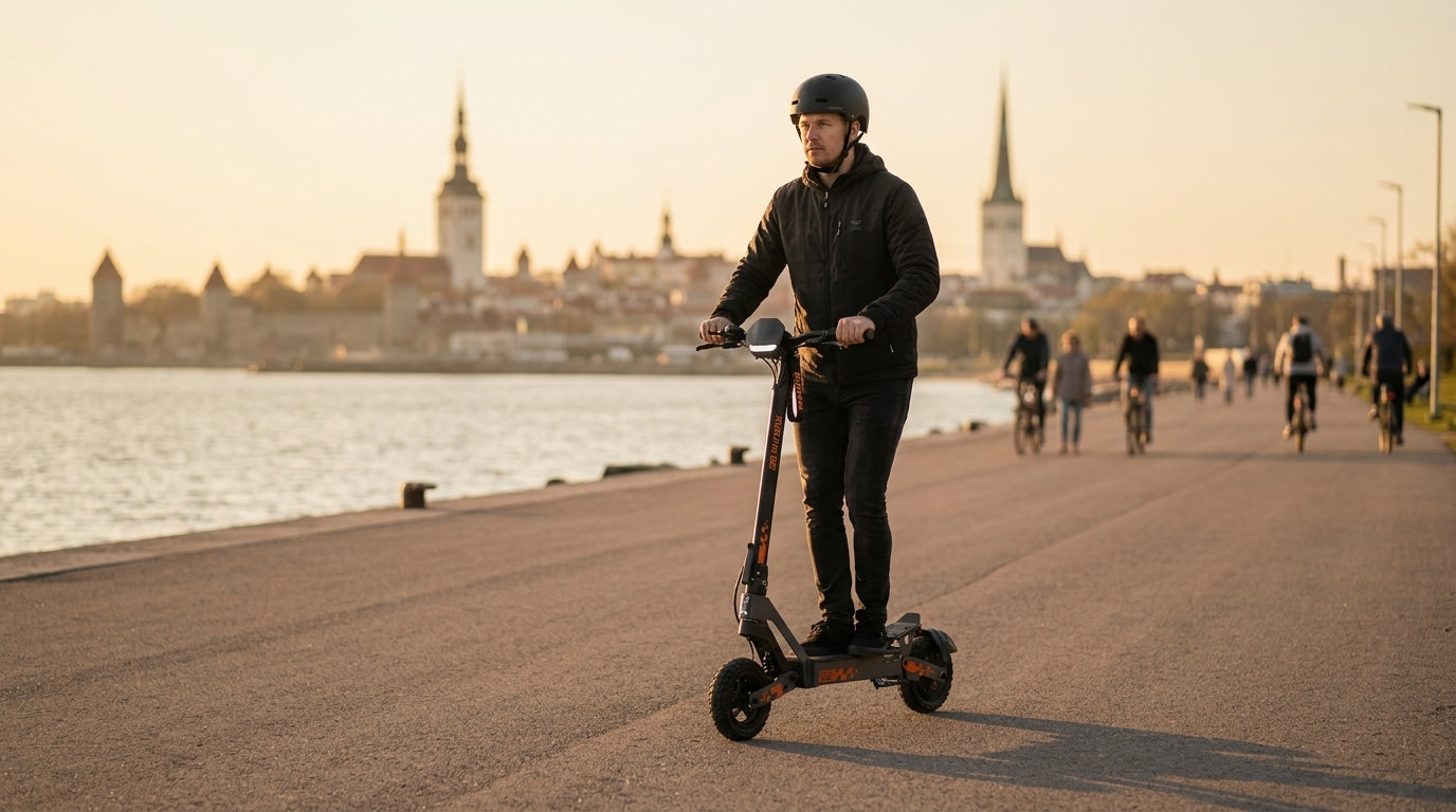 Rider wearing a helmet on a Kugoo KuKirin electric scooter on Tallinn's seaside promenade at sunset