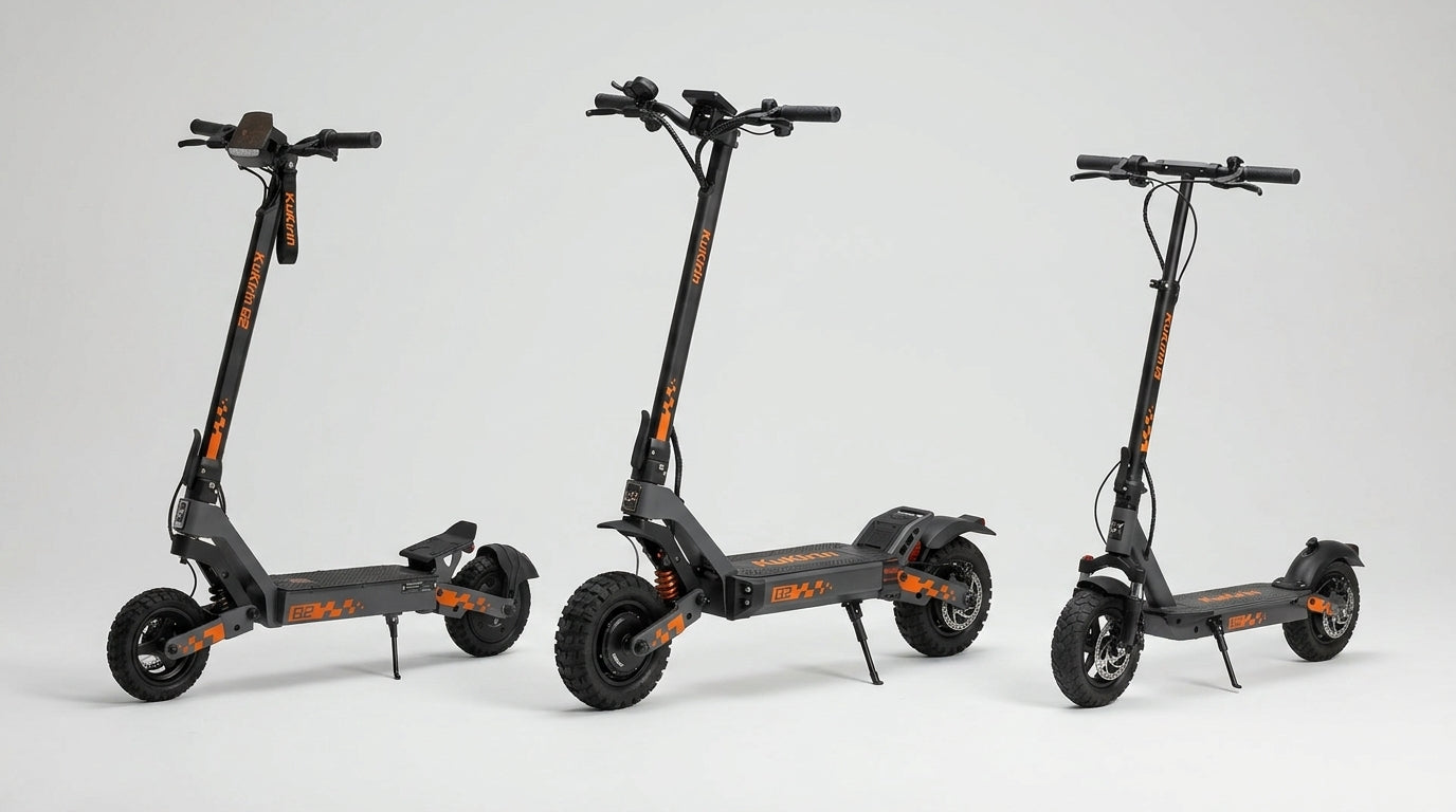 Three KuKirin G-series electric scooters side by side - G2, G2 Pro and G2 Master compared