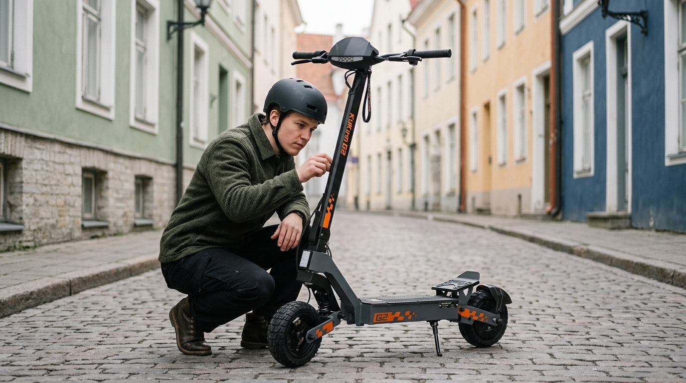 Rider in a helmet checking the display of a KuKirin G2 electric scooter on a Tallinn old town street